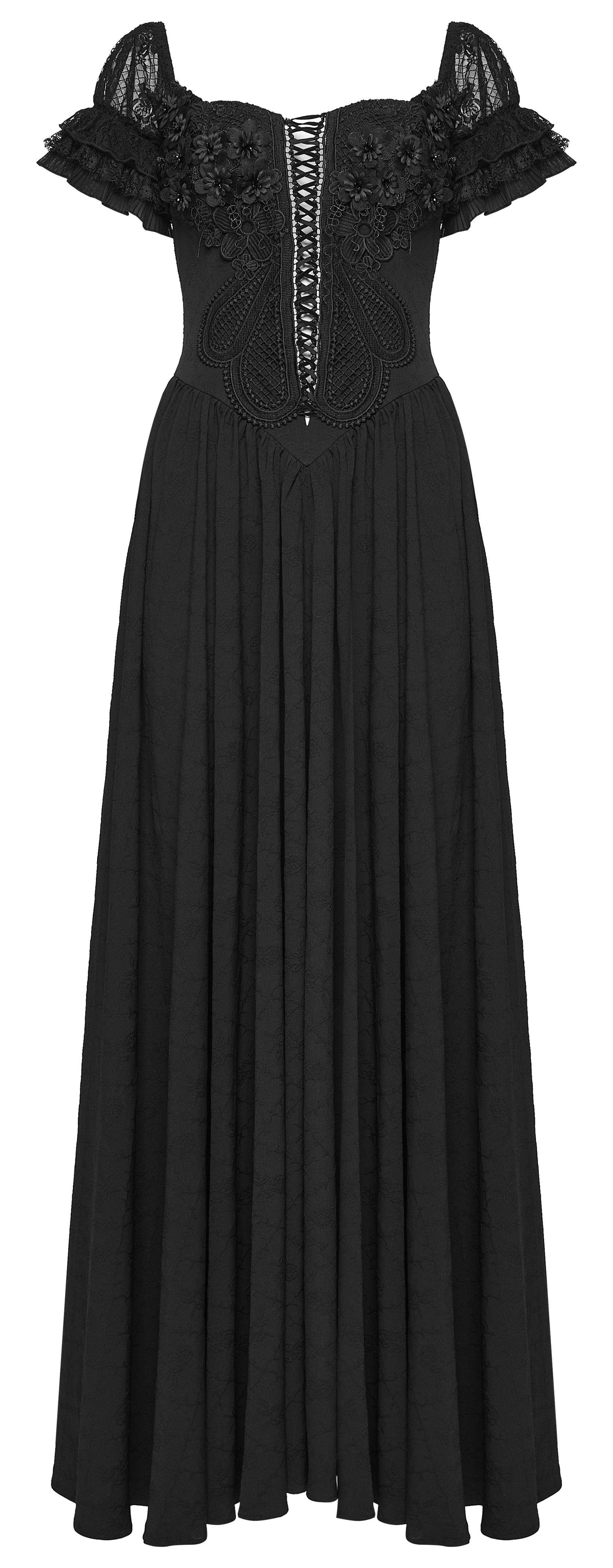 Goth maxi dress featuring a flowing silhouette, off-shoulder design, and intricate lace detailing in black.
