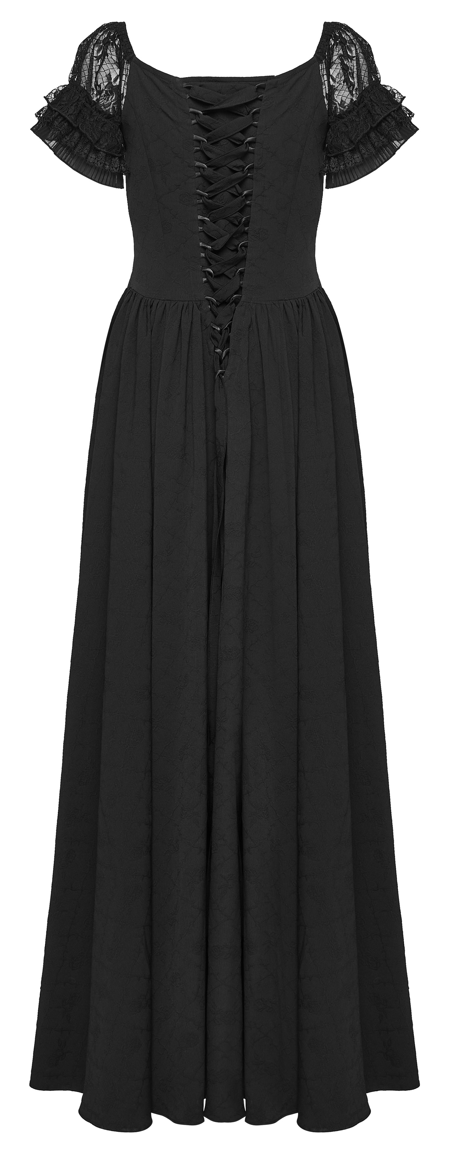 Goth maxi dress featuring a v-neck, lace accents, and flowing silhouette, perfect for gothic fashion enthusiasts.