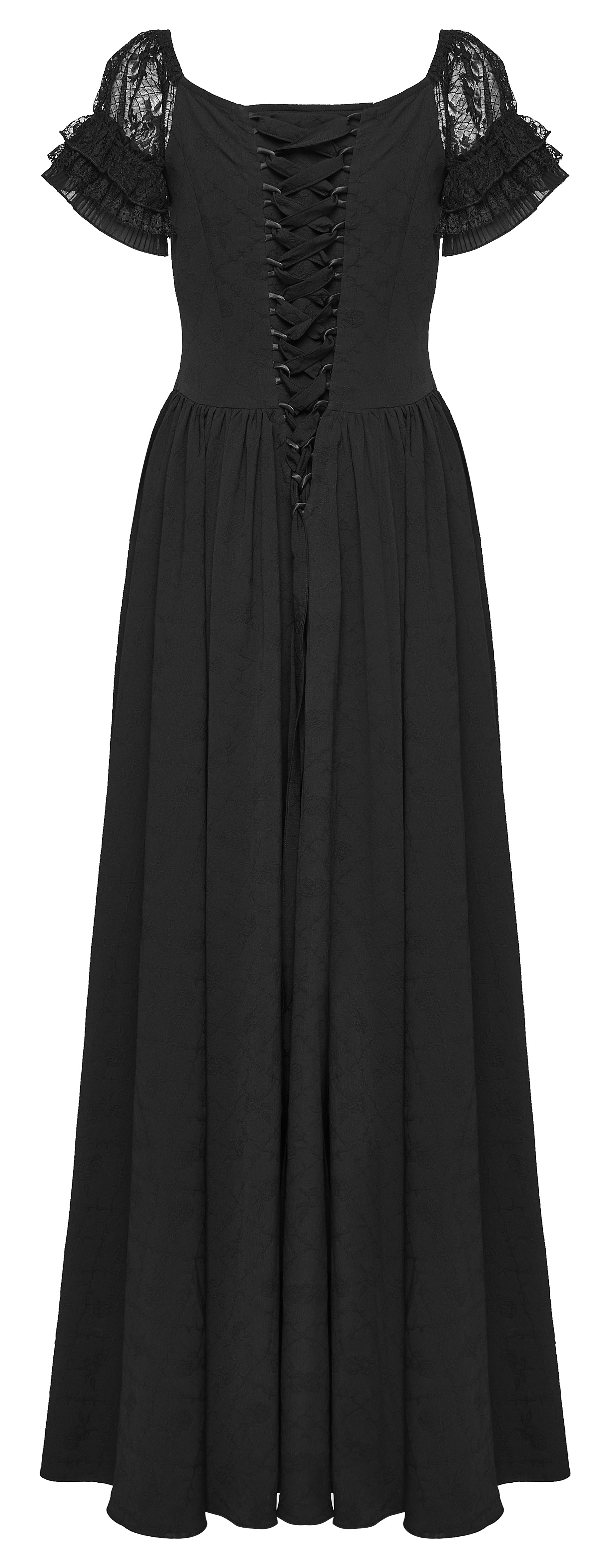 Goth maxi dress featuring a v-neck, lace accents, and flowing silhouette, perfect for gothic fashion enthusiasts.