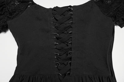 Close-up of the lace-up back of a goth maxi dress featuring delicate lace accents.