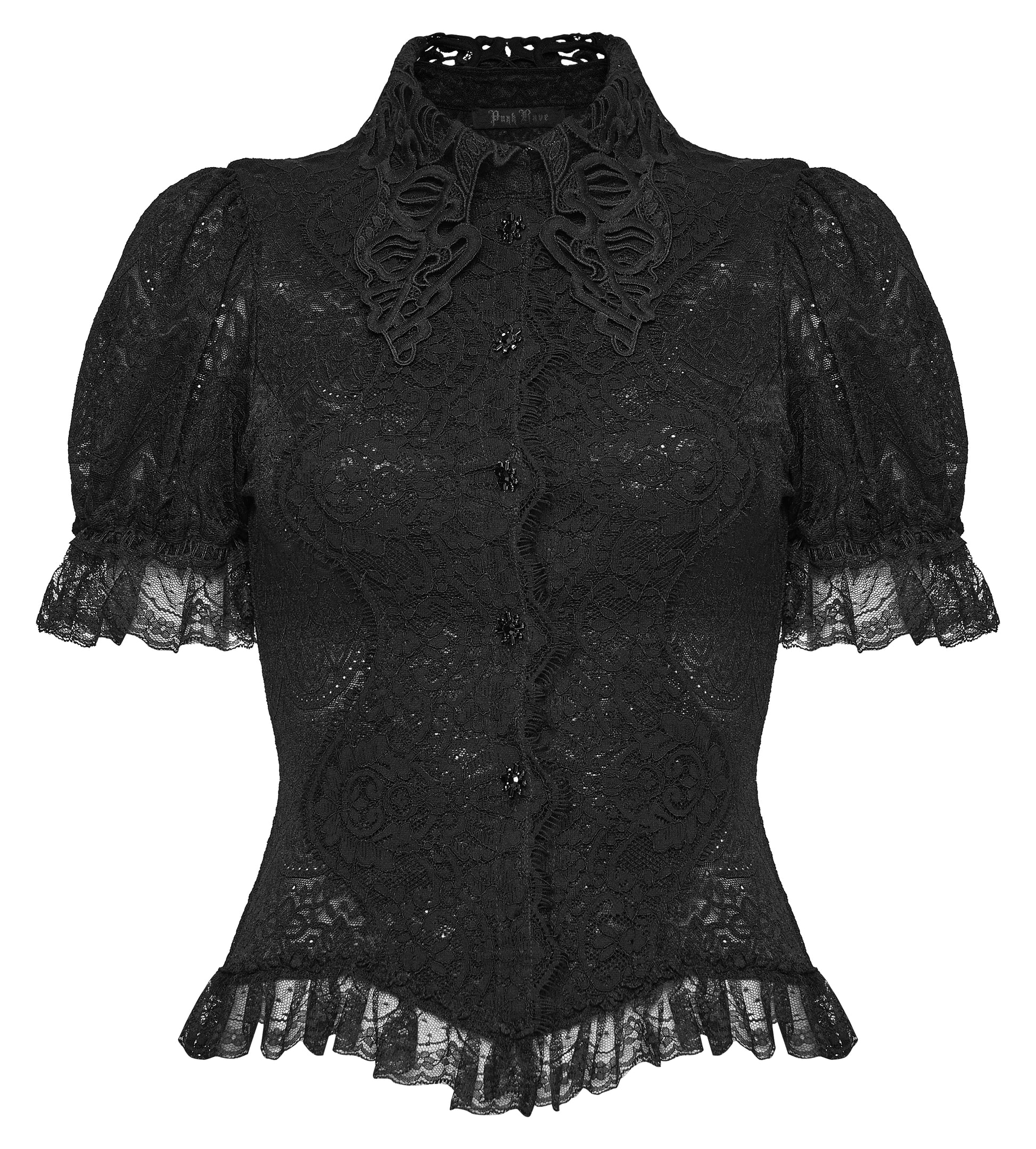 Lace goth shirt featuring intricate lace detailing and structured design, perfect for a dark romantic style - Punk Rave Elara Top.