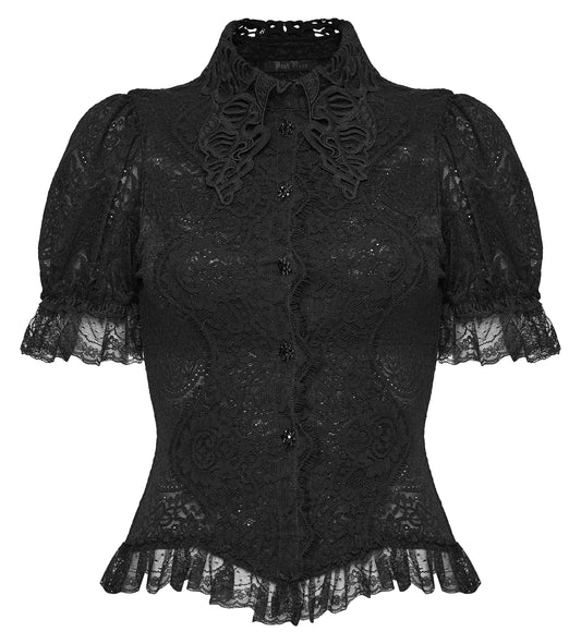 Lace goth shirt featuring intricate lace detailing and structured design, perfect for a dark romantic style - Punk Rave Elara Top.