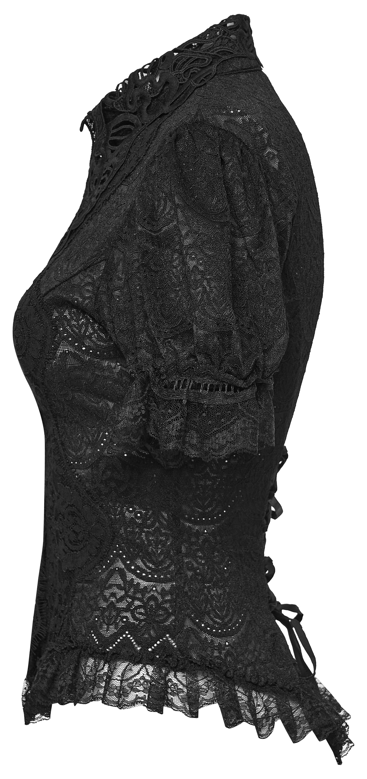 Lace goth shirt featuring intricate lace detailing and a romantic design, showcasing the Punk Rave Elara Short Sleeve Top.