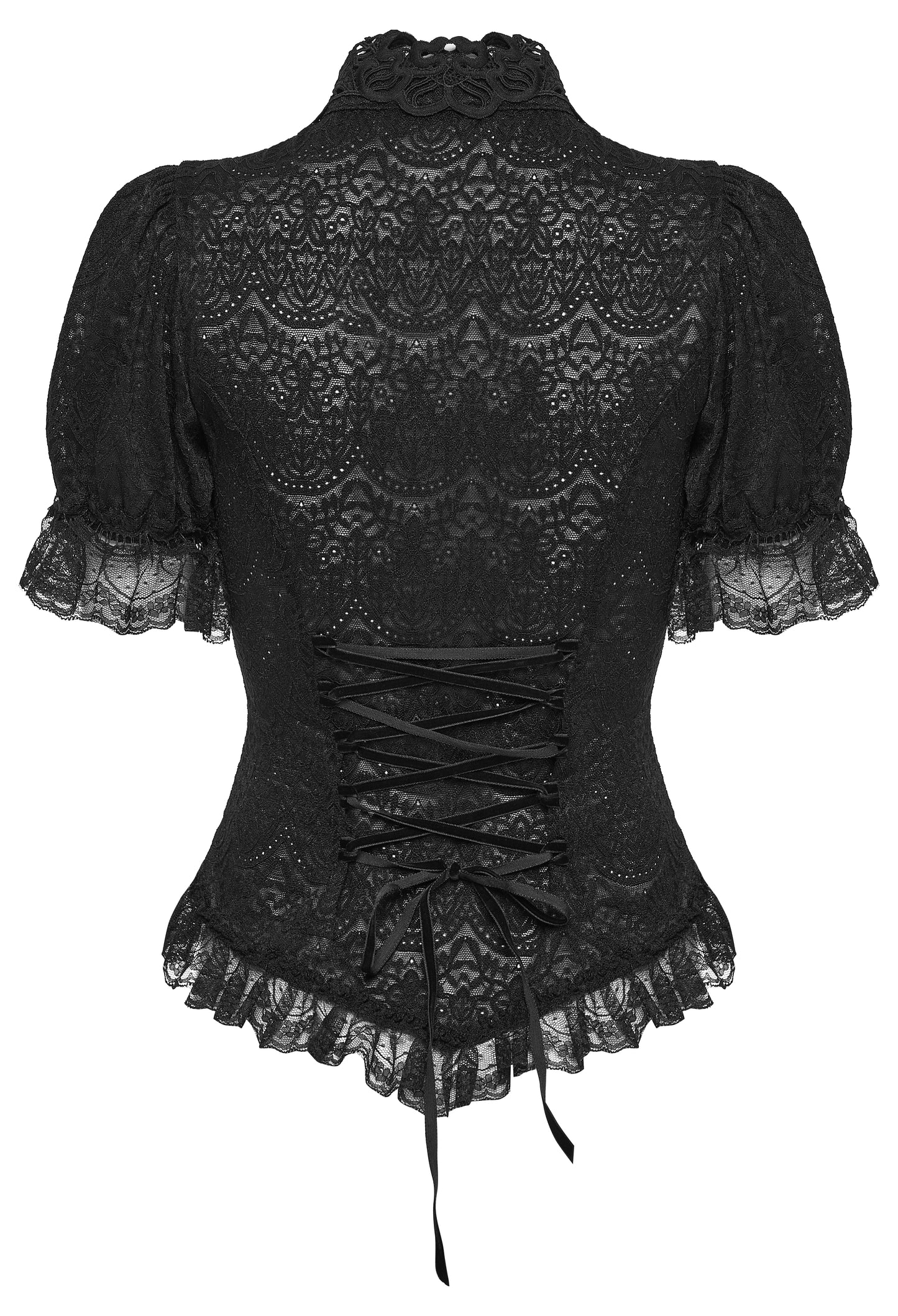 Back view of a lace goth shirt featuring intricate lace detailing and a structured design, ideal for dark romance.