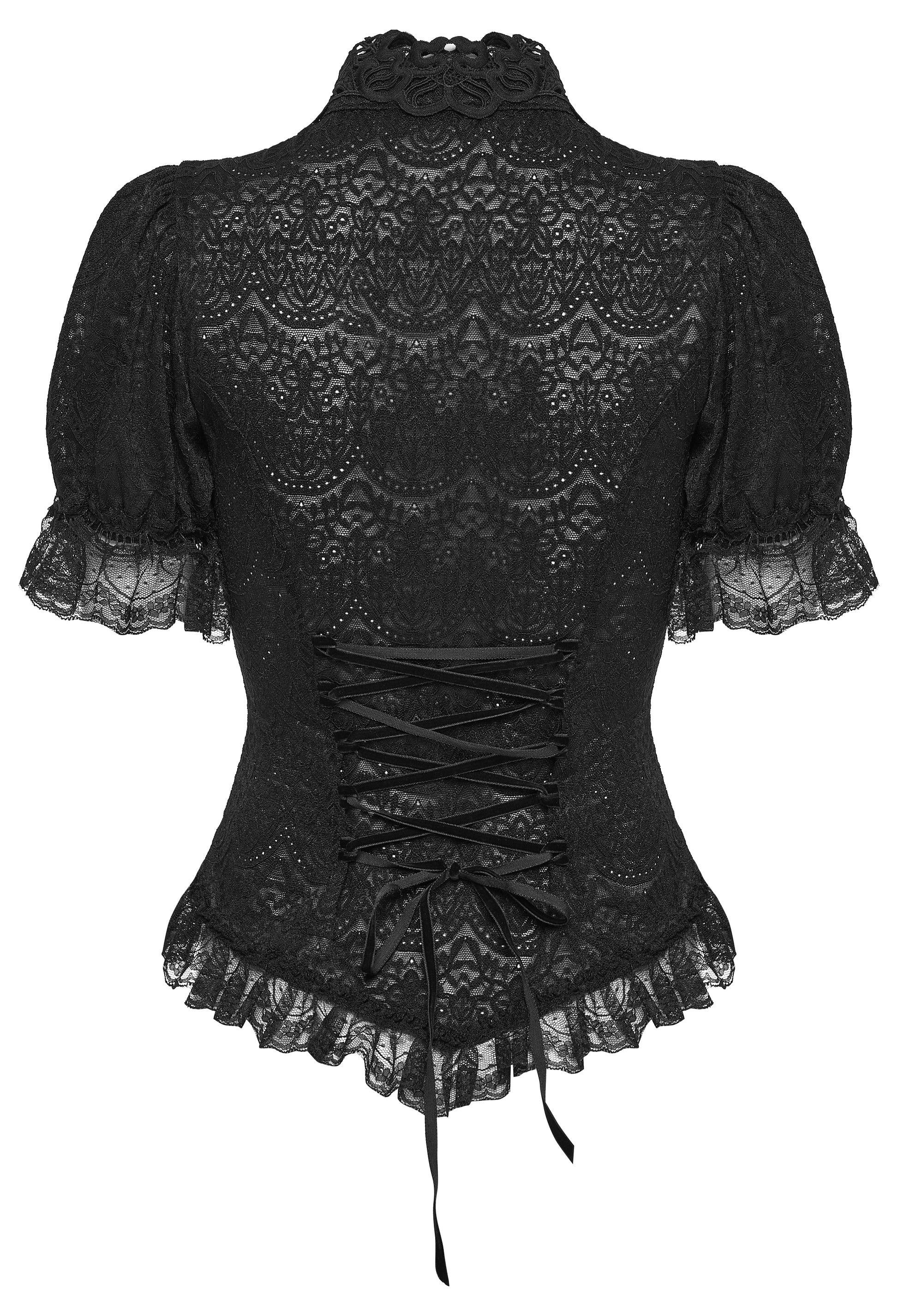 Back view of a lace goth shirt featuring intricate lace detailing and a structured design, ideal for dark romance.