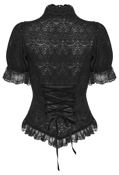 Back view of a lace goth shirt featuring intricate lace detailing and a structured design, ideal for dark romance.