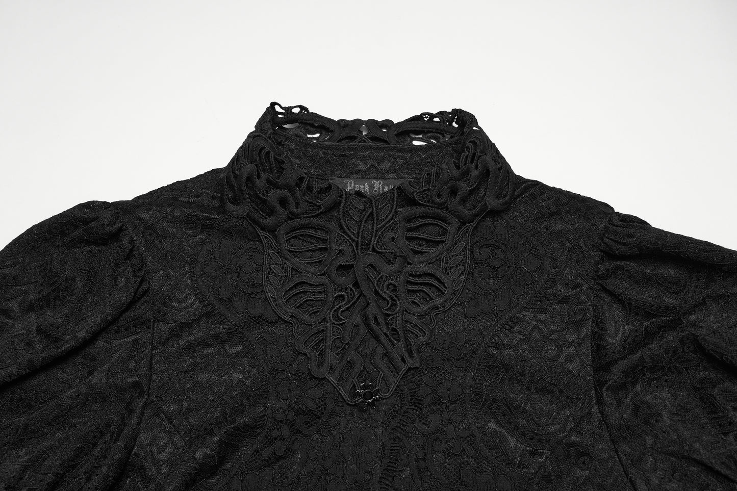 Lace goth shirt detail featuring intricate lace pattern and high collar from the Punk Rave Elara Short Sleeve Top.