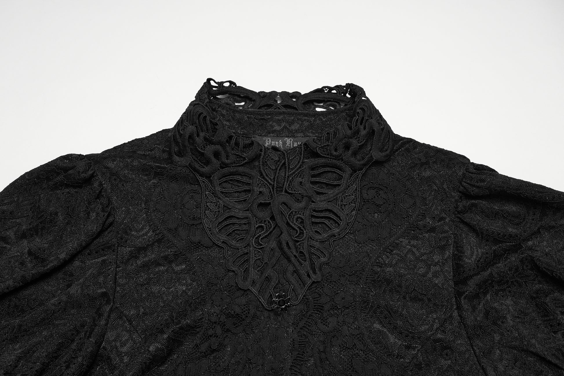 Lace goth shirt detail featuring intricate lace pattern and high collar from the Punk Rave Elara Short Sleeve Top.