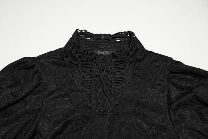 Lace goth shirt detail featuring intricate lace pattern and high collar from the Punk Rave Elara Short Sleeve Top.