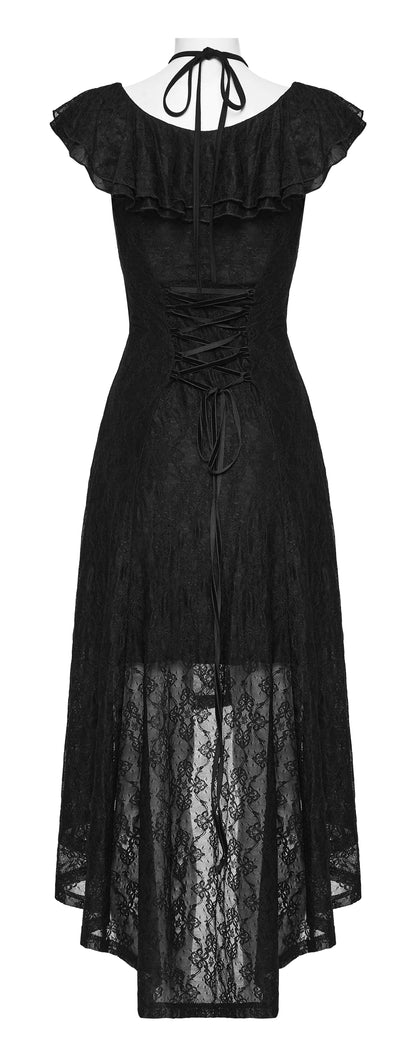 Goth flying sleeve dress featuring lace detail and a dramatic high-low hem design, perfect for dark romantic styles.