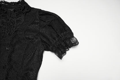 Close-up of lace goth shirt showcasing intricate lace detailing and puff sleeve design.