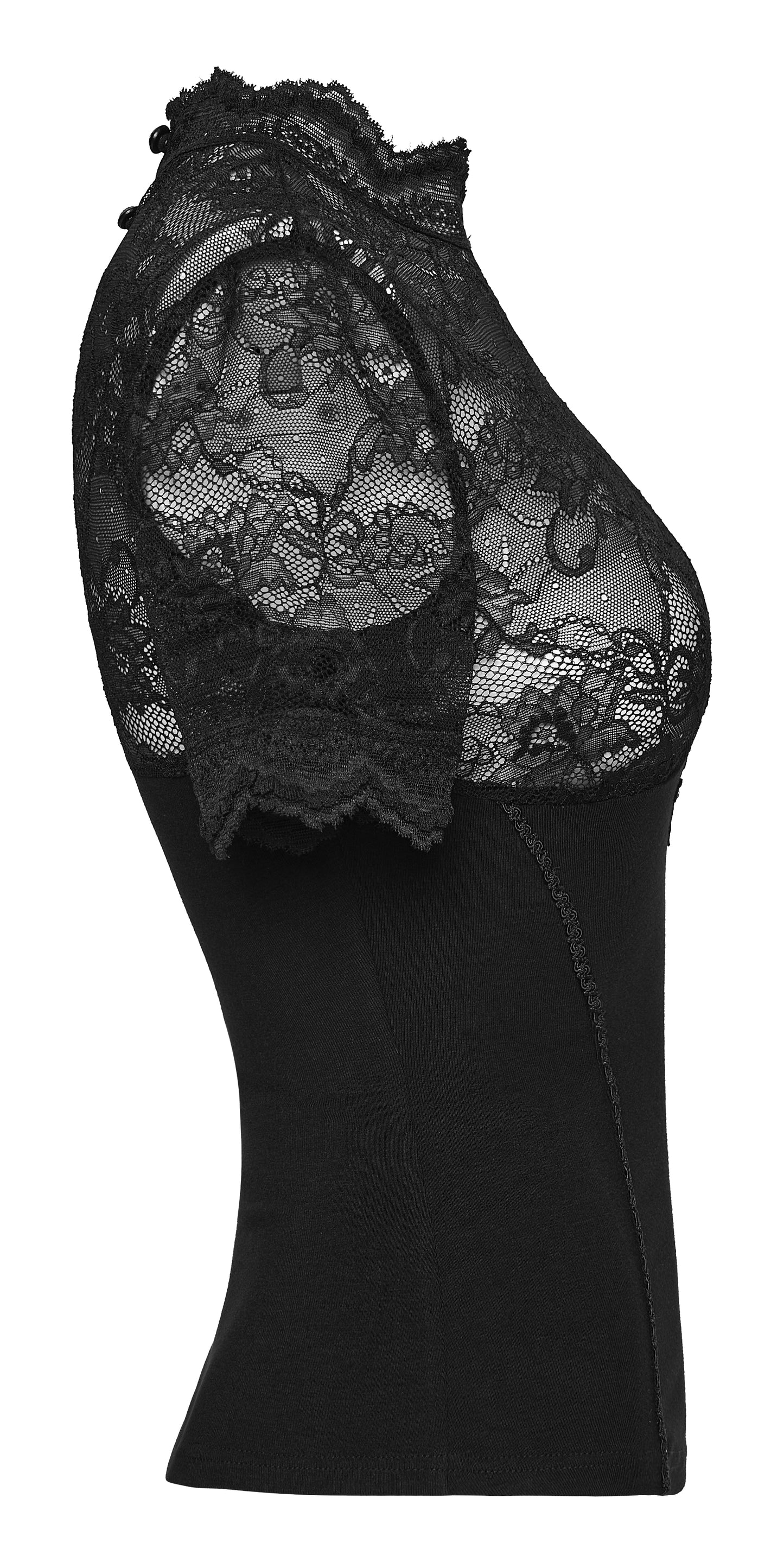 Punk Rave Elvira Lace Panel Goth T-Shirt featuring sheer floral lace yoke and sleeves, ideal lace panel goth t shirt.