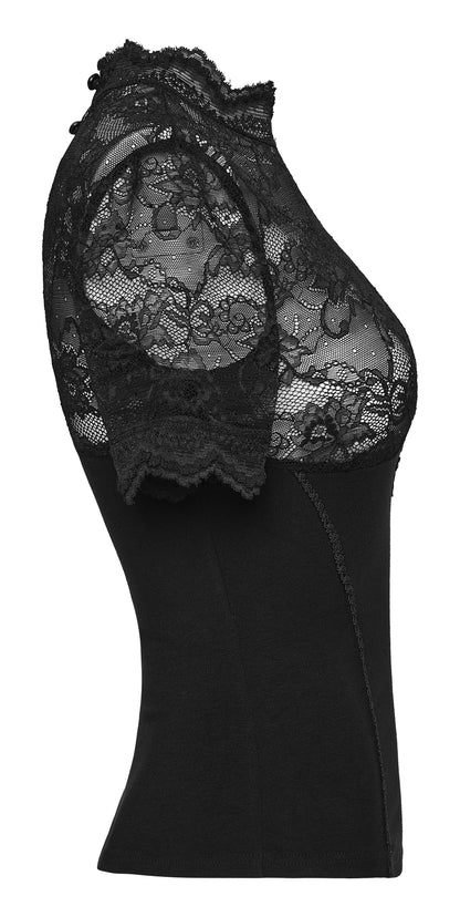 Punk Rave Elvira Lace Panel Goth T-Shirt featuring sheer floral lace yoke and sleeves, ideal lace panel goth t shirt.