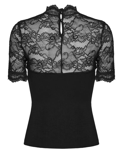 Back view of a lace panel goth t shirt featuring floral lace yoke and sleeves.