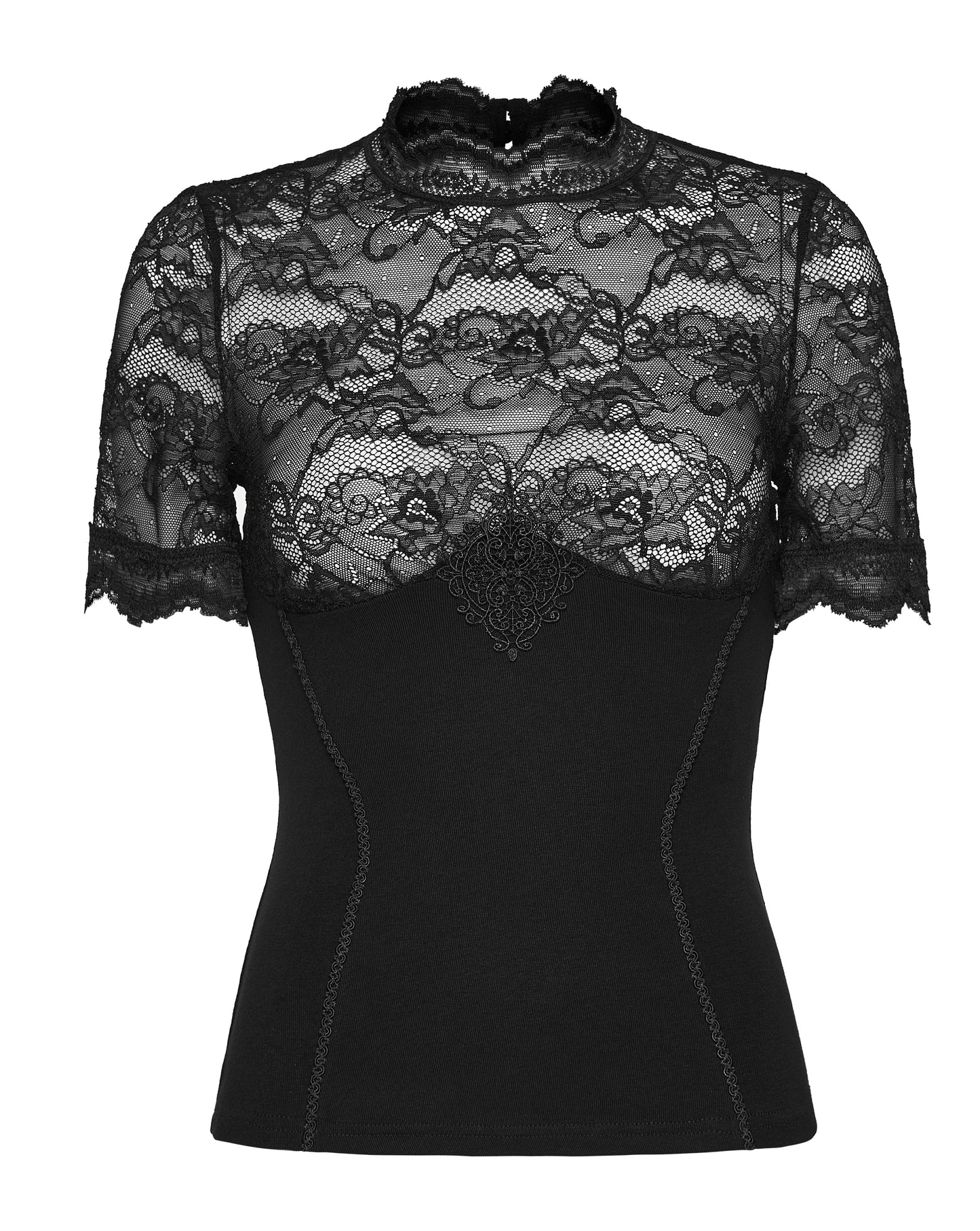 Lace panel goth t shirt featuring sheer floral lace yoke and sleeves, combining elegance with gothic style.