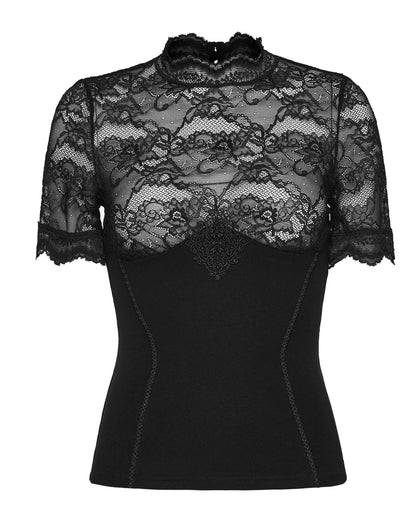 Lace panel goth t shirt featuring sheer floral lace yoke and sleeves, combining elegance with gothic style.