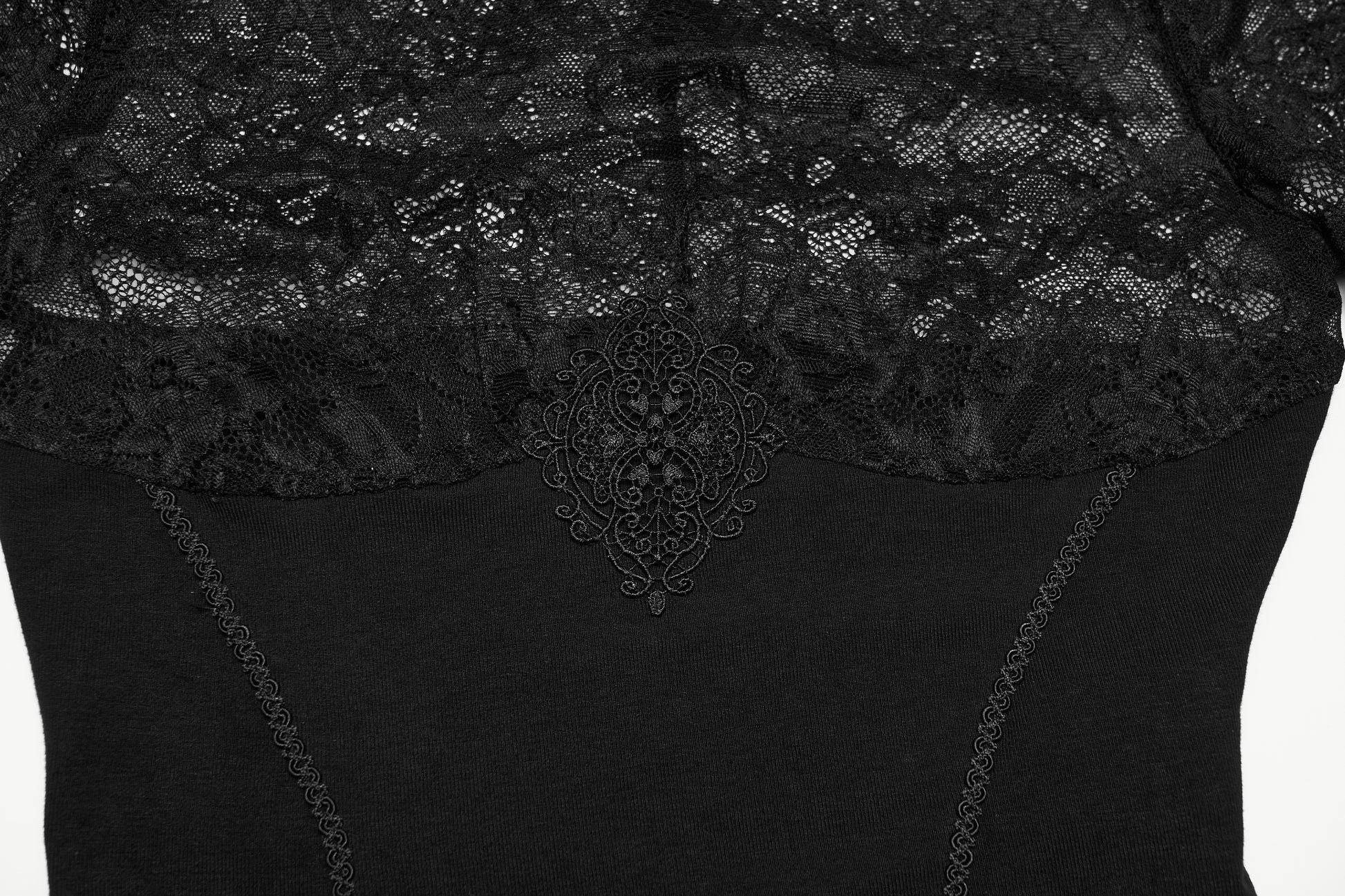 Lace panel goth t shirt showcasing intricate lace yoke and detailing in black fabric.