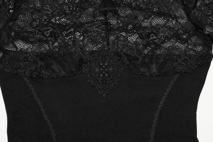 Lace panel goth t shirt showcasing intricate lace yoke and detailing in black fabric.