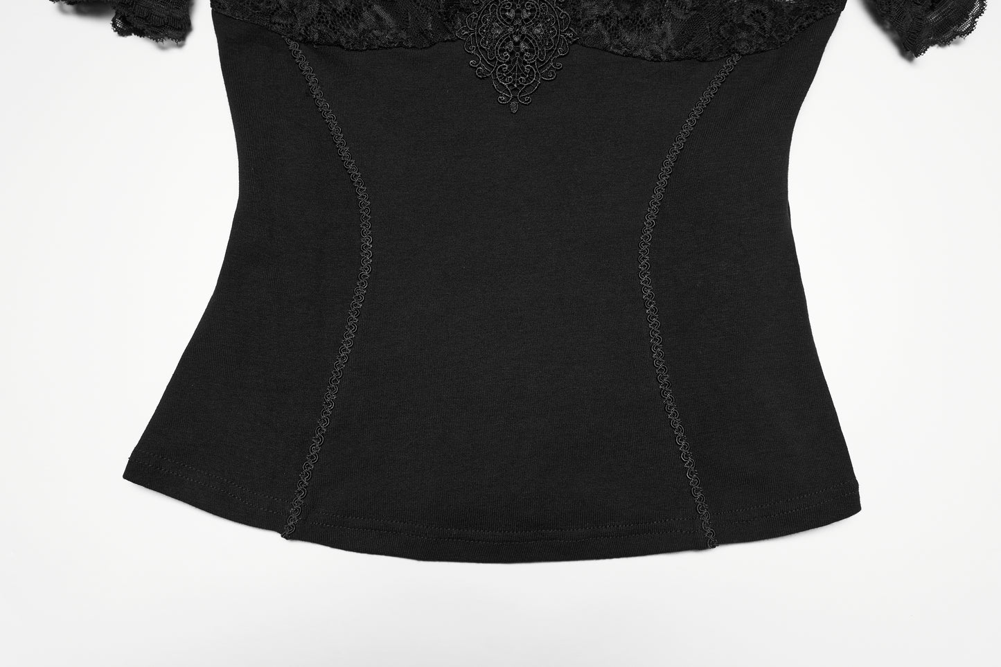 Lace panel goth t shirt featuring soft floral lace yoke and sleeves in black, showcasing gothic elegance.