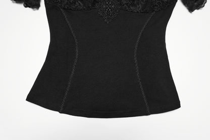 Lace panel goth t shirt featuring soft floral lace yoke and sleeves in black, showcasing gothic elegance.