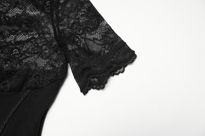 Detail of lace panel goth t shirt with sheer floral lace yoke and sleeves, showcasing gothic elegance.
