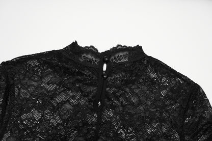 Close-up of the lace panel goth t shirt showcasing intricate black lace detail and button closure.