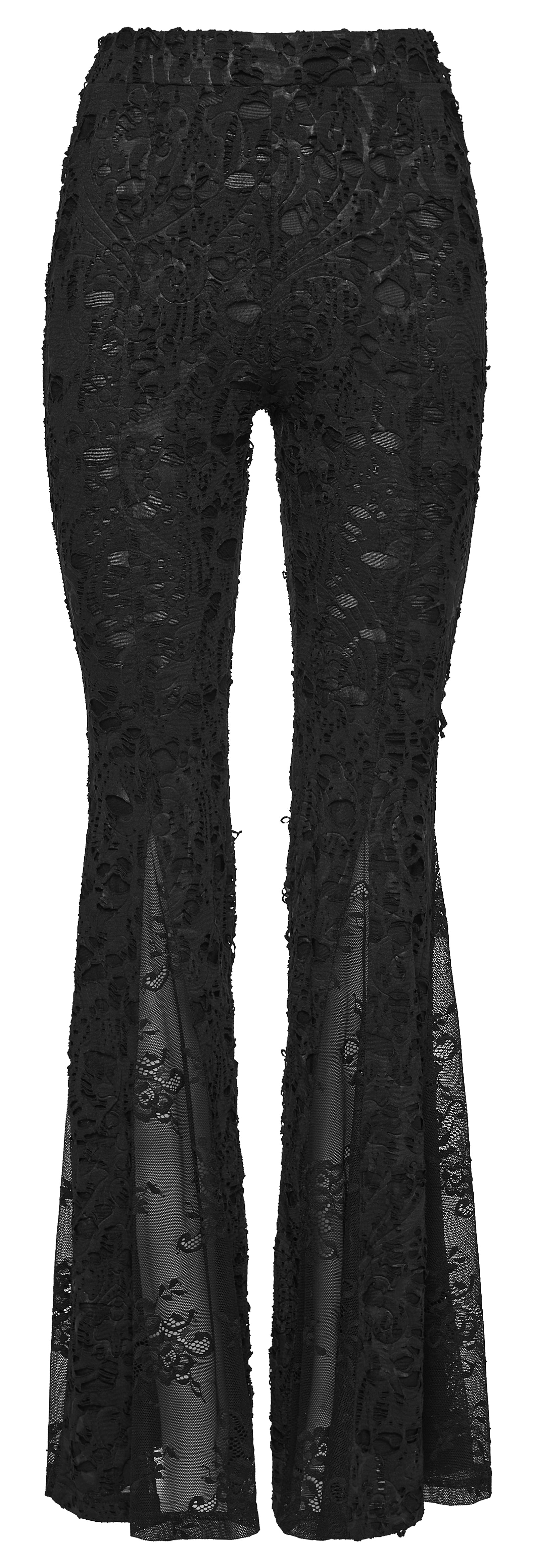 Punk Rave Morticia Jacquard Flared Pants featuring intricate lace detailing and a dramatic flared silhouette.