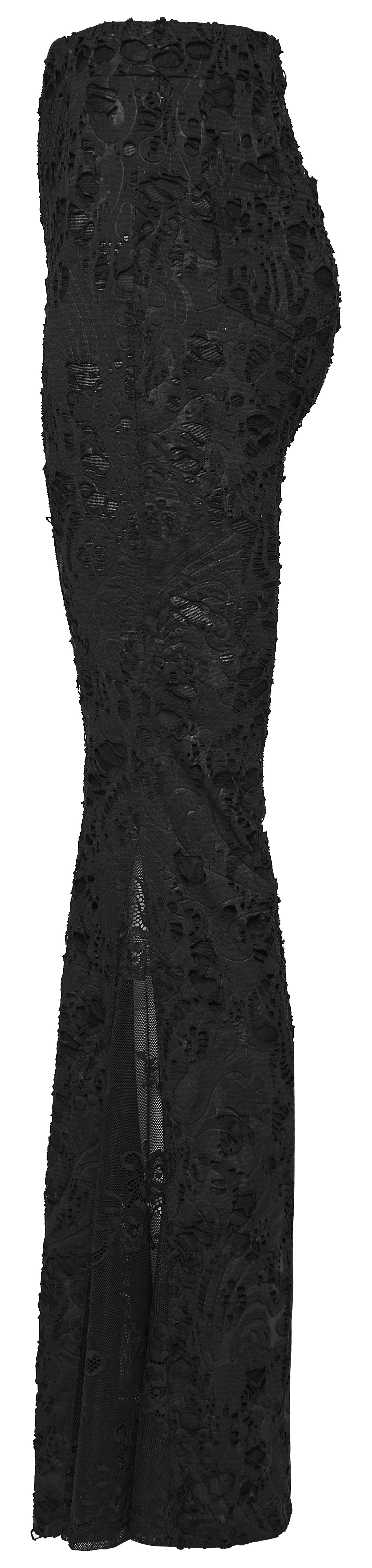 Punk Rave Morticia Jacquard Flared Pants side view showcasing dark elegance and dramatic silhouette.