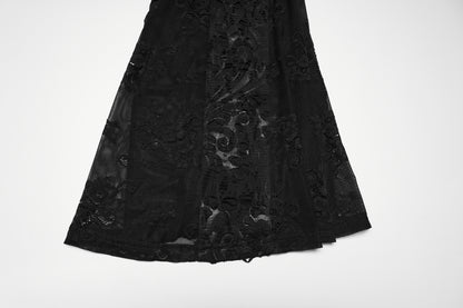 Punk Rave Morticia Jacquard Flared Pants showcasing detailed black jacquard fabric and elegant flare.