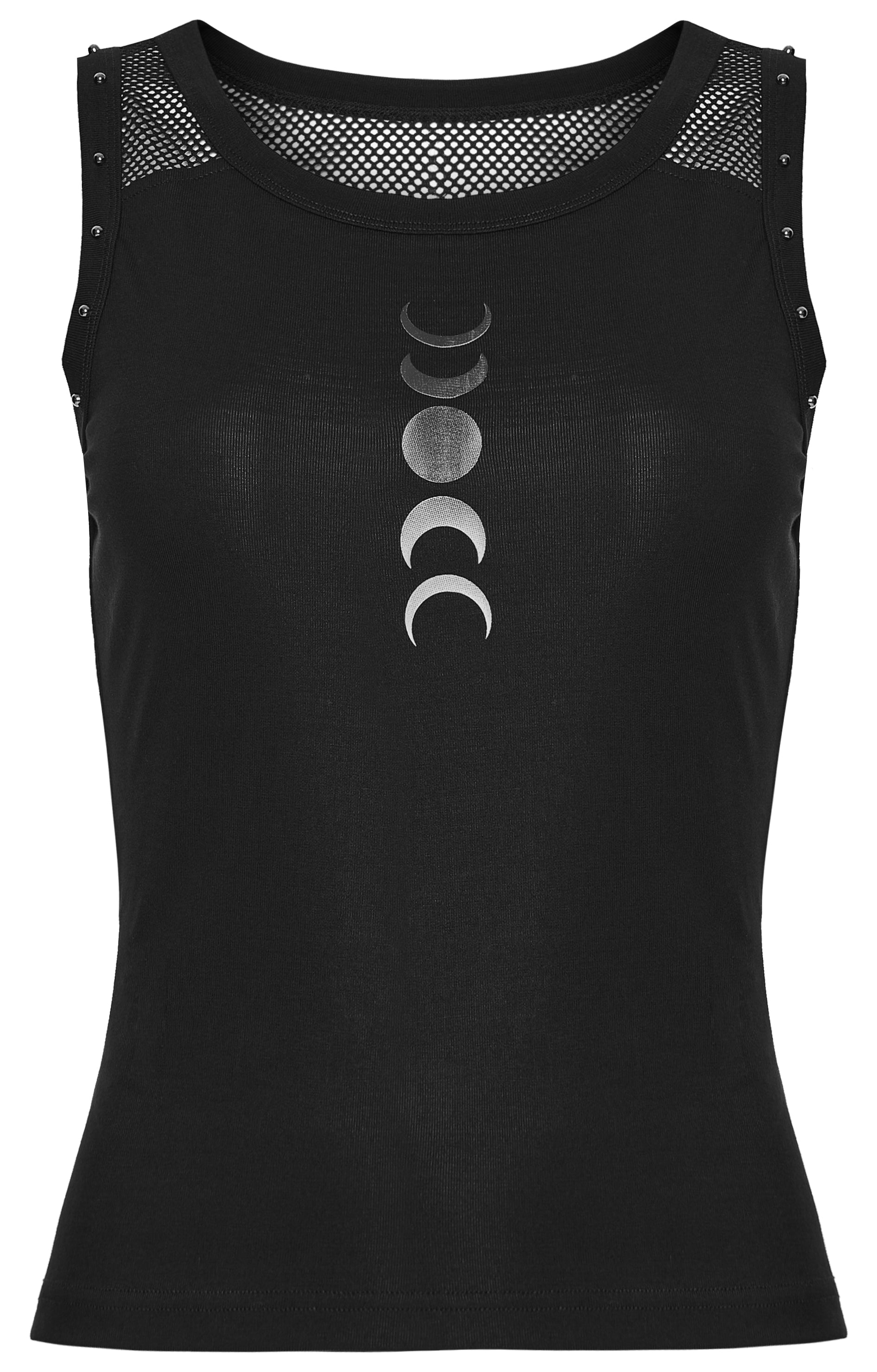 Goth moon vest with moon phase print and studded details, perfect for alternative styling.