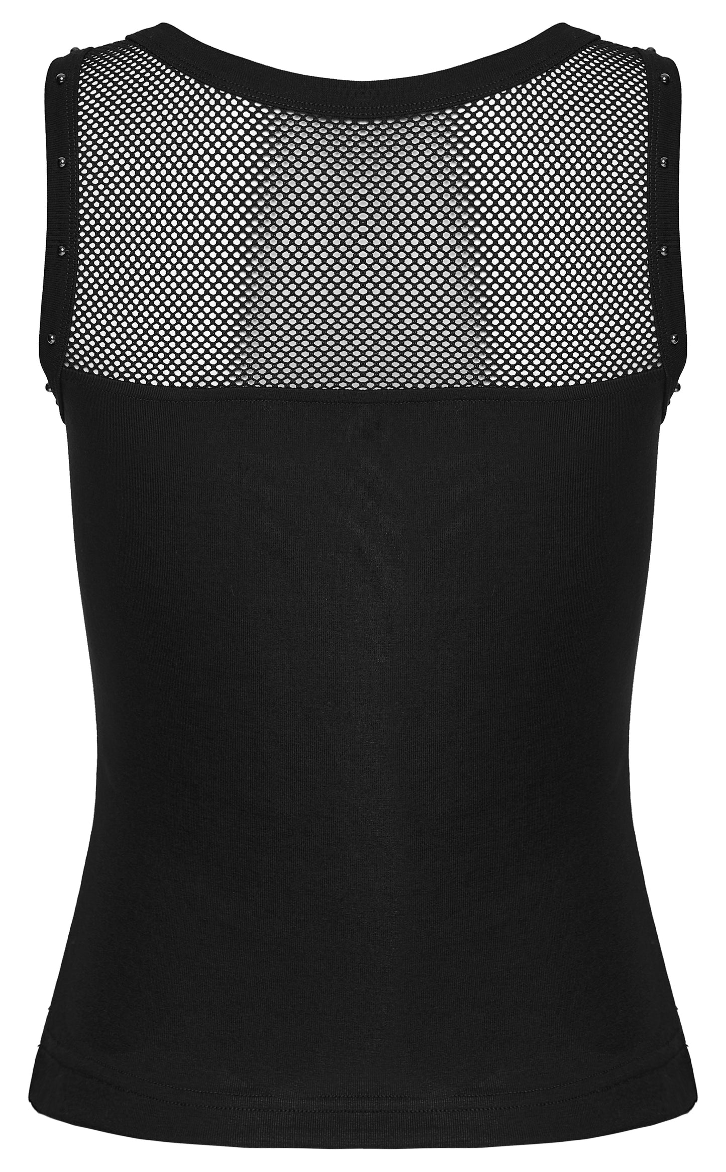 Back view of a Goth Moon Vest featuring a black design with a mesh panel for an edgy, alternative style.