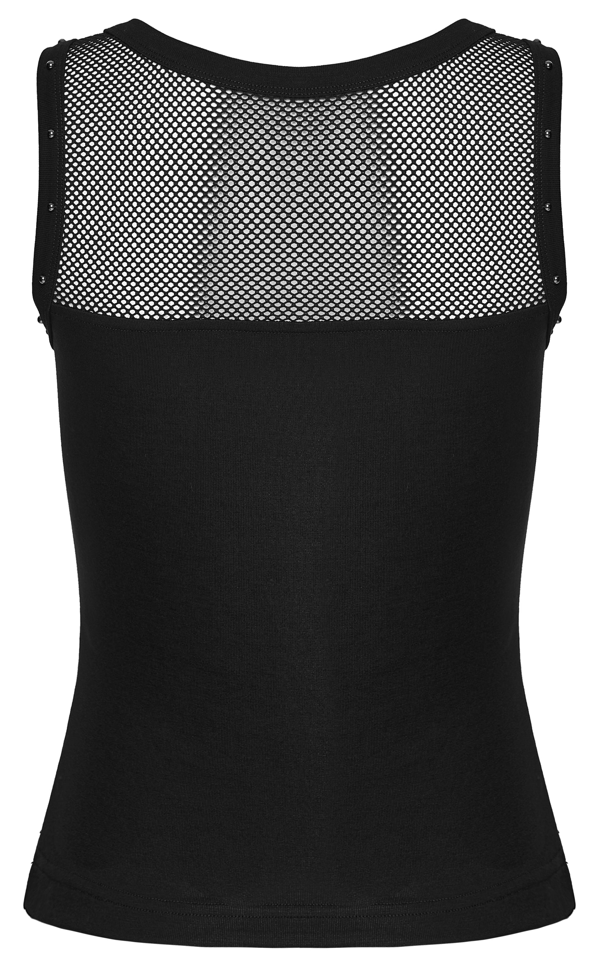 Back view of a Goth Moon Vest featuring a black design with a mesh panel for an edgy, alternative style.