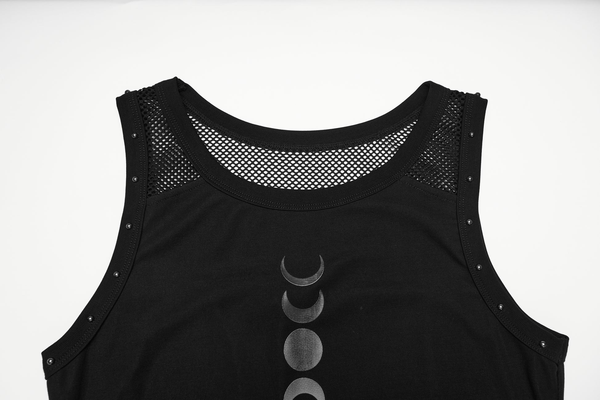Goth moon vest featuring a moon phase print and mesh detailing, perfect for alternative styling.