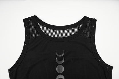 Goth moon vest featuring a moon phase print and mesh detailing, perfect for alternative styling.