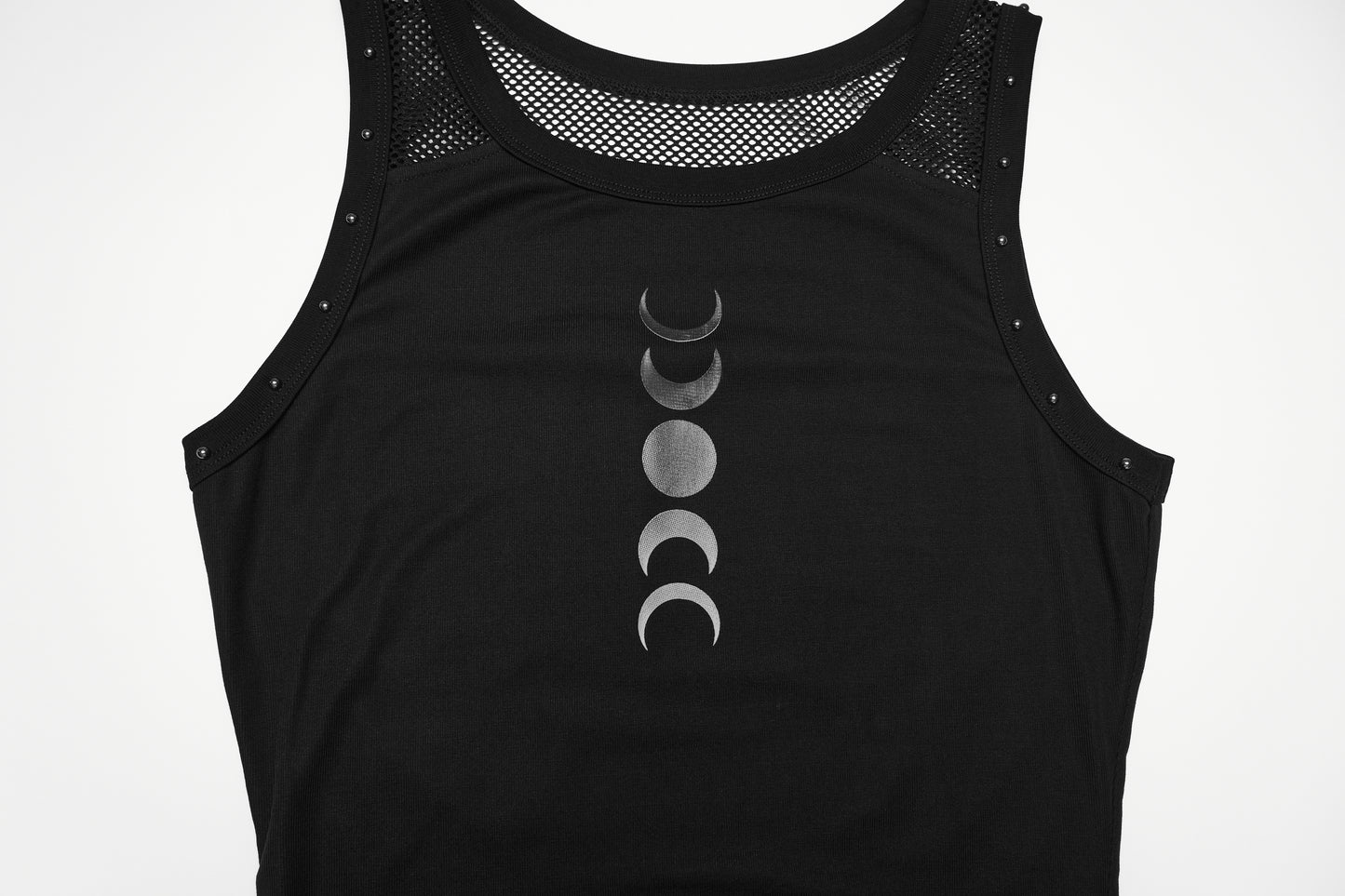 Goth moon vest featuring a bold moon phase print on a sleek black top for alternative styling.