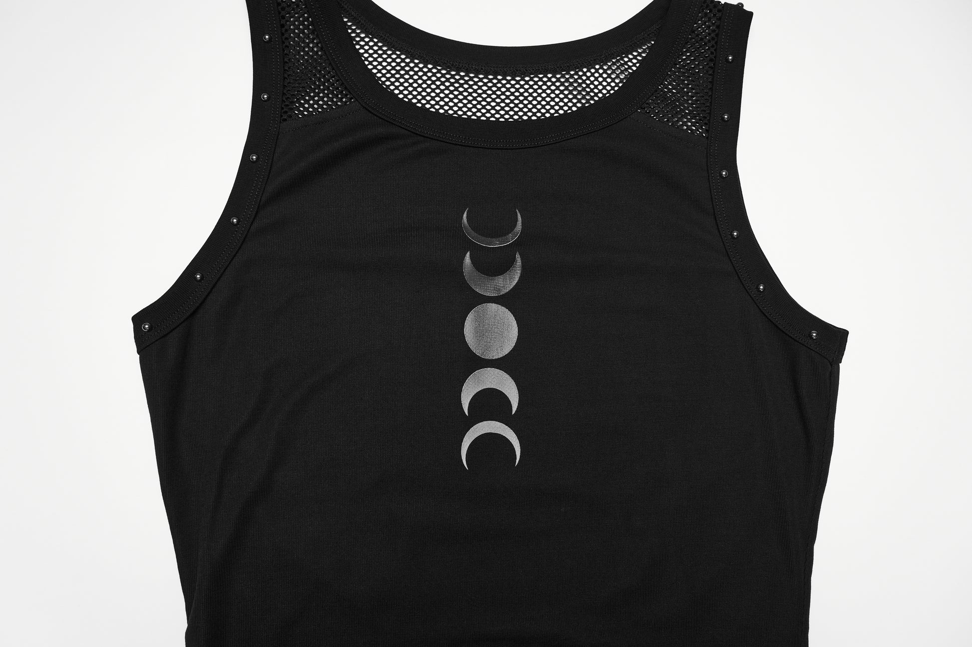 Goth moon vest featuring a bold moon phase print on a sleek black top for alternative styling.