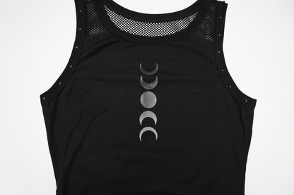 Goth moon vest featuring a bold moon phase print on a sleek black top for alternative styling.