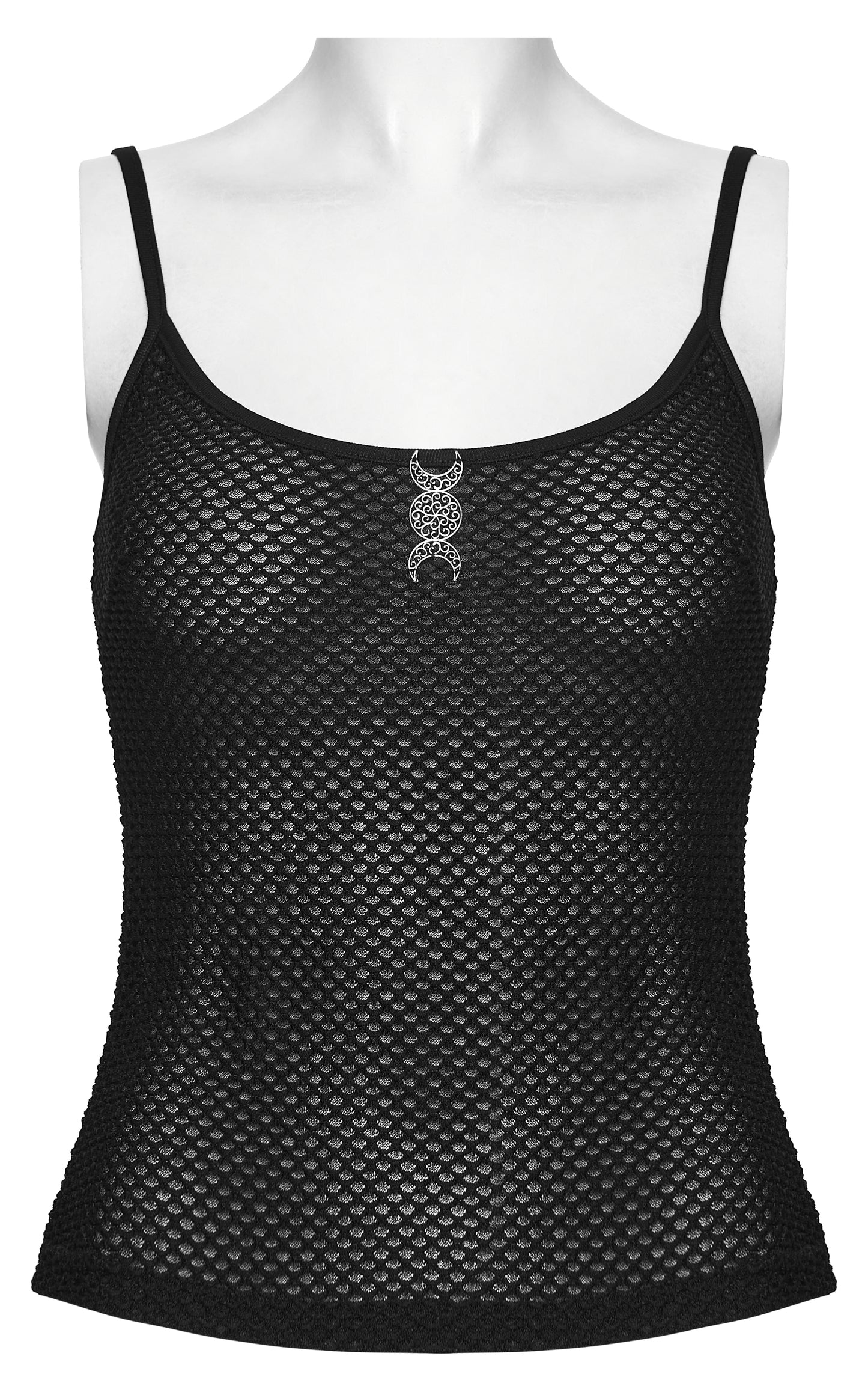 Mesh goth camisole featuring a sheer black design with a unique embellishment at the center.