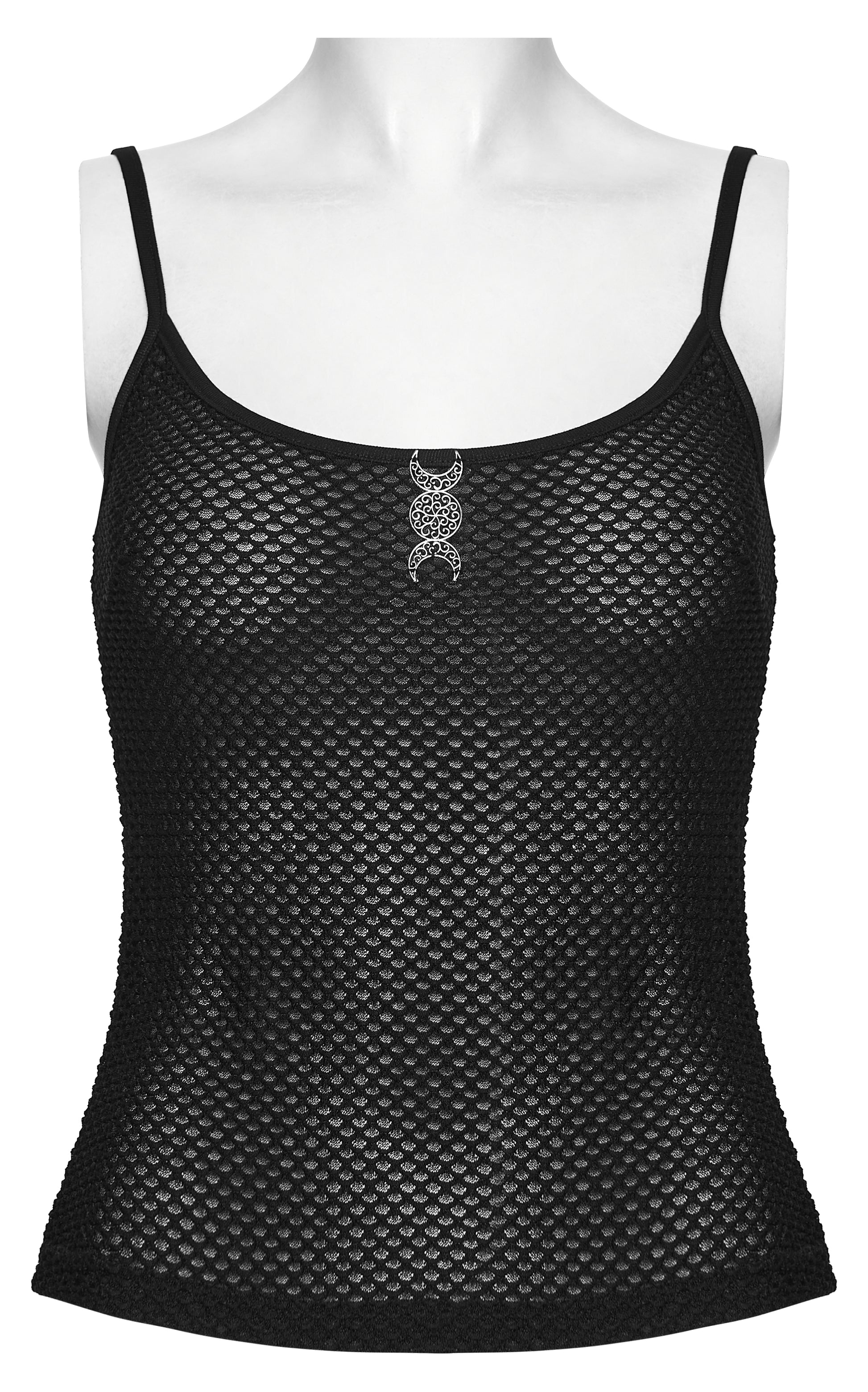 Mesh goth camisole featuring a sheer black design with a unique embellishment at the center.