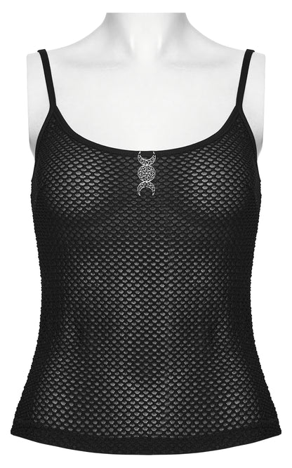 Mesh goth camisole featuring a sheer black design with a unique embellishment at the center.