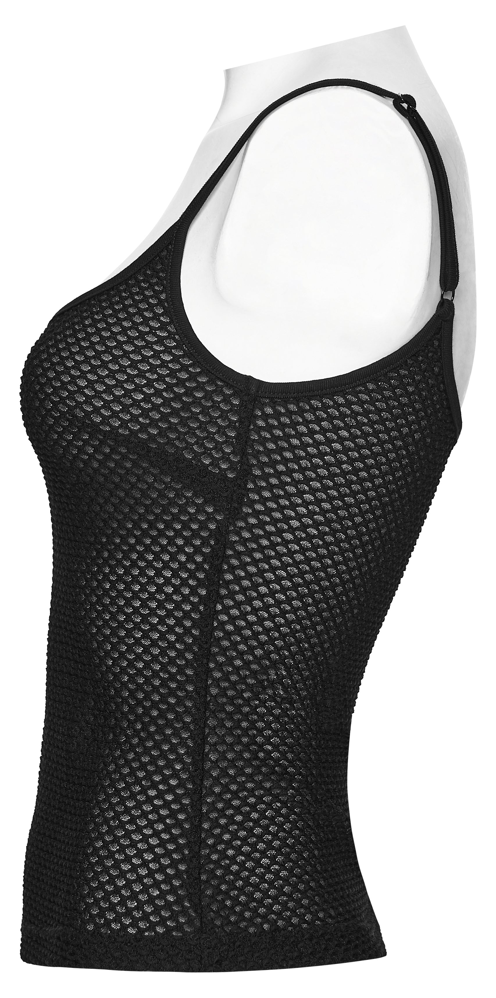 Mesh goth camisole in black, featuring sheer mesh design and minimalist style for a punk-inspired look.