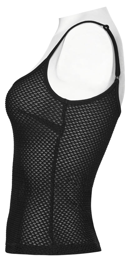 Mesh goth camisole in black, featuring sheer mesh design and minimalist style for a punk-inspired look.