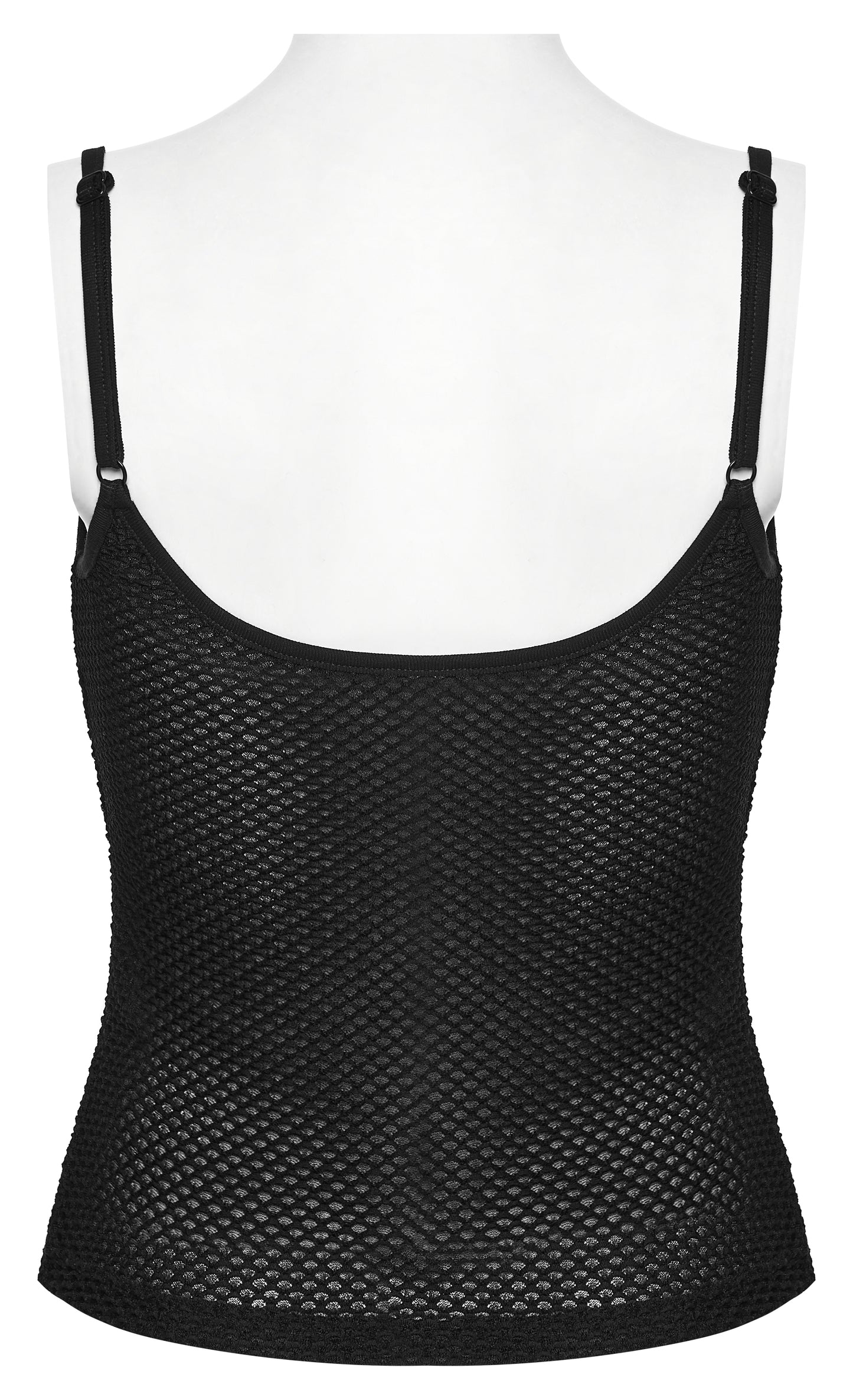 Back view of a mesh goth camisole, showcasing breathable sheer mesh design, perfect for layering or standalone styling.