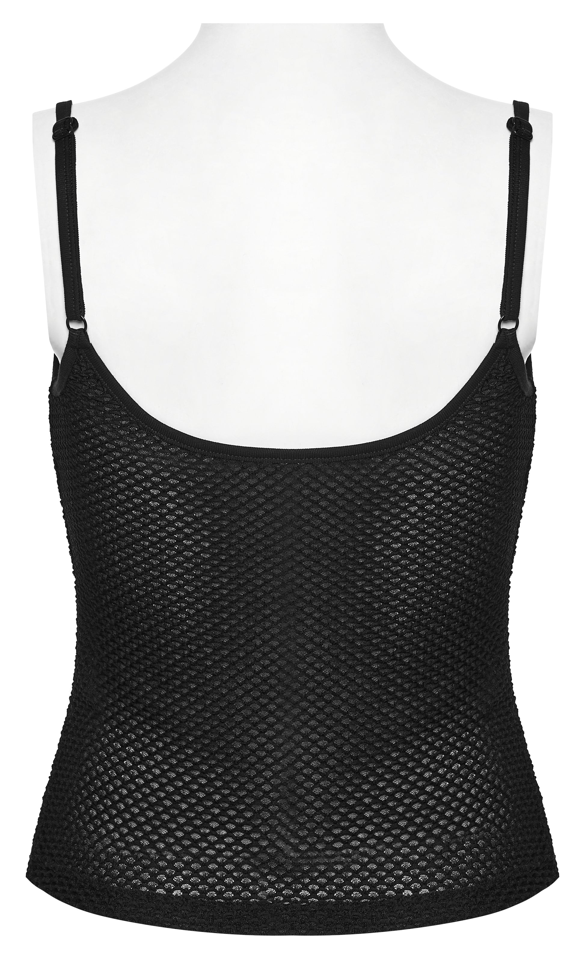 Back view of a mesh goth camisole, showcasing breathable sheer mesh design, perfect for layering or standalone styling.