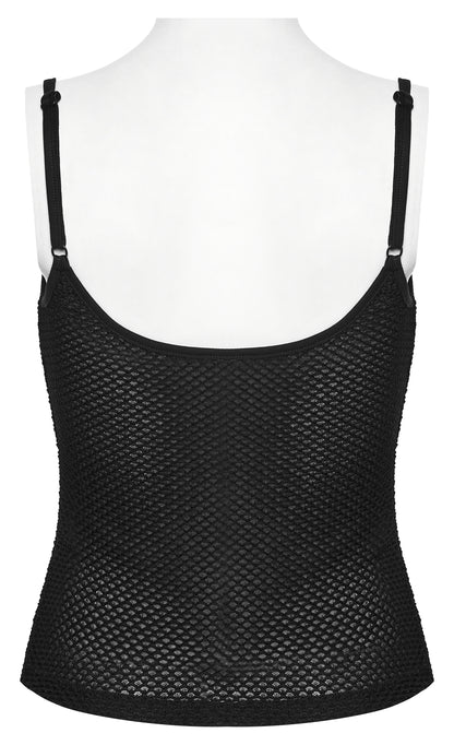 Back view of a mesh goth camisole, showcasing breathable sheer mesh design, perfect for layering or standalone styling.