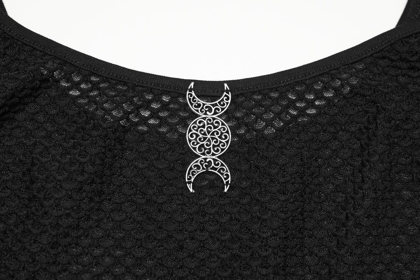 Close-up of the mesh goth camisole showcasing intricate silver detailing on the neckline.
