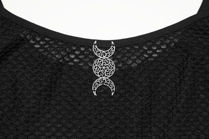 Close-up of the mesh goth camisole showcasing intricate silver detailing on the neckline.