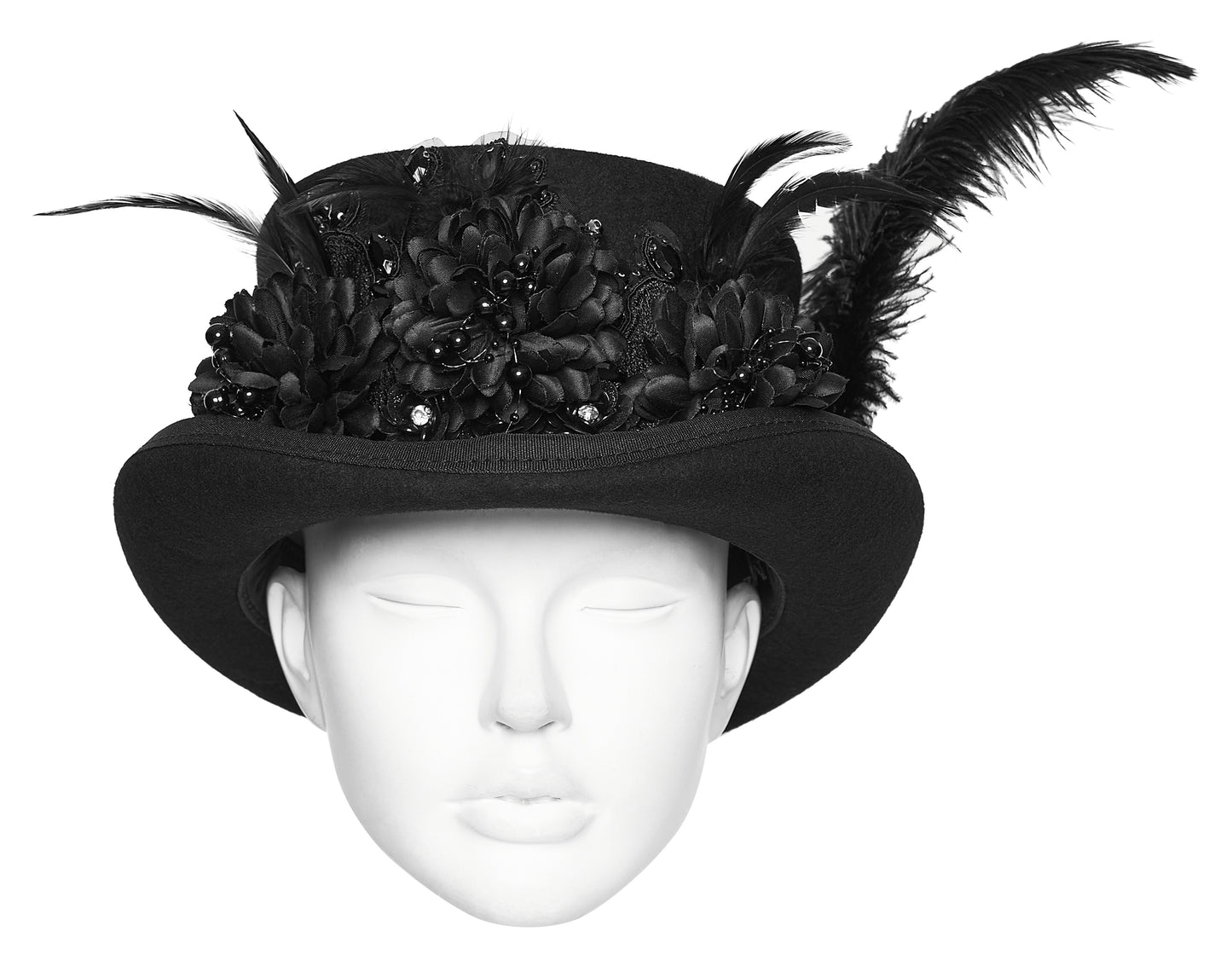Punk Rave Goth Retro Feather Formal Hat featuring black petals and dramatic feathers for gothic flair.