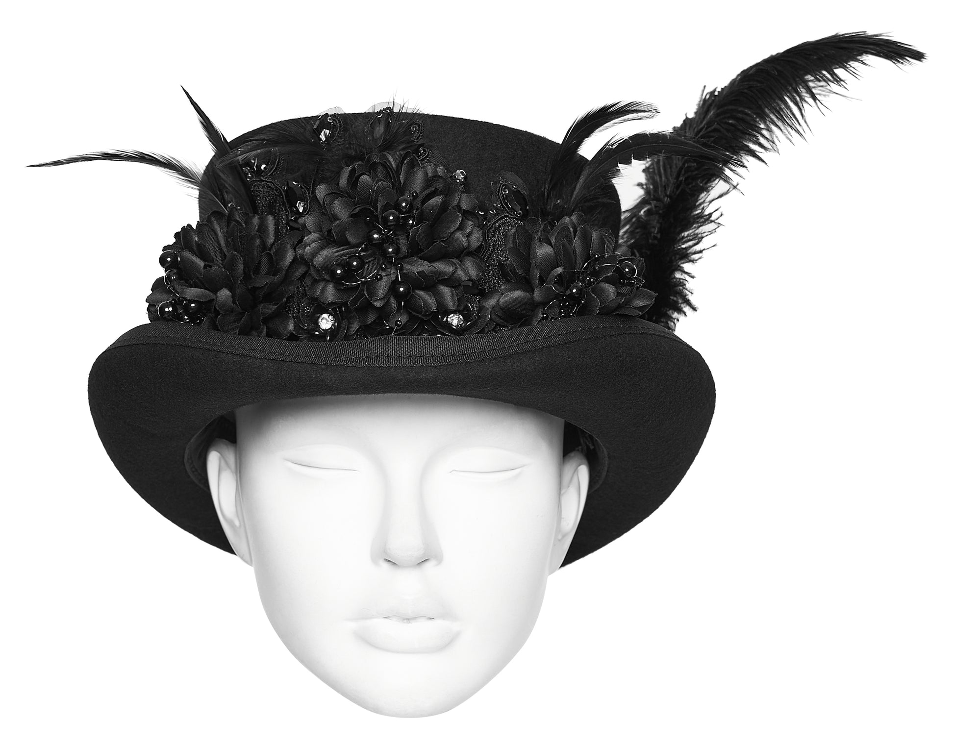 Punk Rave Goth Retro Feather Formal Hat featuring black petals and dramatic feathers for gothic flair.