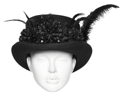 Punk Rave Goth Retro Feather Formal Hat featuring black petals and dramatic feathers for gothic flair.